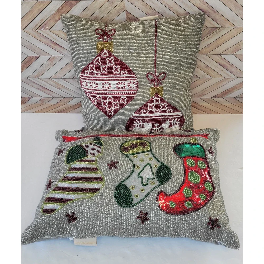 Set 2 Cynthia Rowley Holiday Beaded Embellished Throw Pillow Accent Christmas